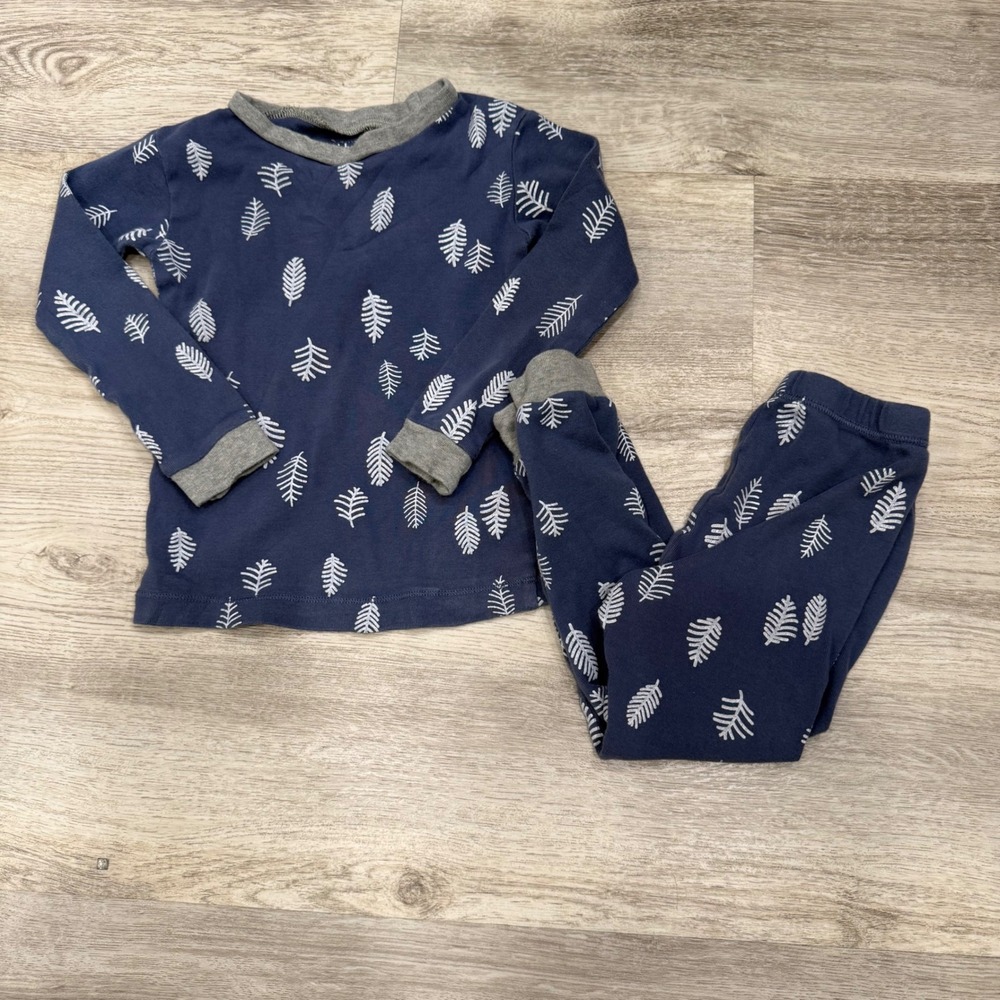 Burt's Bees Baby Navy Blue Leaf Print Organic Cotton Pajama Set Kids 2T